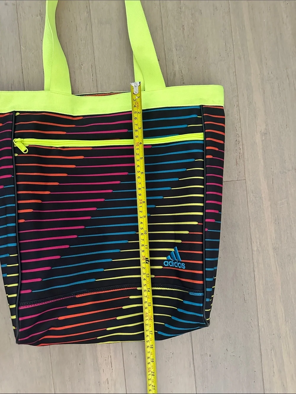 adidas Black Tote with Neon Yellow Trim and Multicolor Stripes Zip Top - Picture 8 of 9